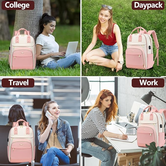 Laptop Backpack Women Work Bags - 15.6 inch Travel Backpack with USB Charger College Bookbag Waterproof Business Computer Backpack Anti-theft Casual Work Backpacks for Women Nurse Teacher Beige-Pink