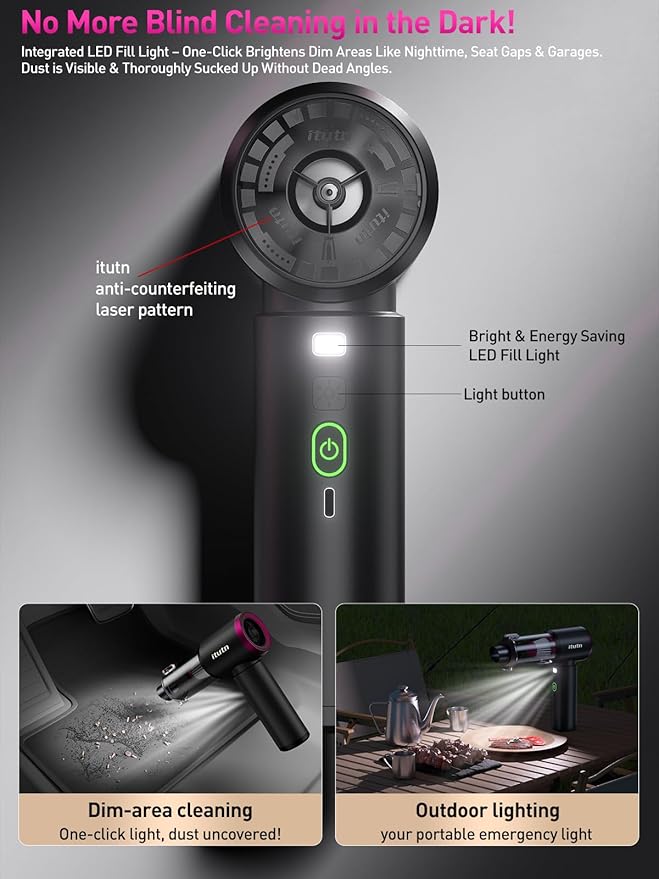 Mini Car Vacuum Portable Cordless with LED Light, 15000PA Powerful Suction, 80W High Power, One-Click Empty, Dual Hepa Filter, Car Vacuum Cleaner & Air Duster for Home, Desk, PC, Keyboard