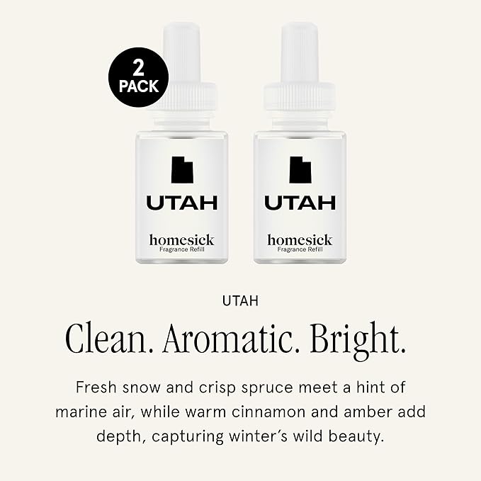 Pura & Homesick Home Scent Refill - Smart Home Air Diffuser - Up to 120-Hours of Luxury Fragrance per Refill - Home Essential - Clean & Safe Diffuser Fragrance - 2 Pack, Utah