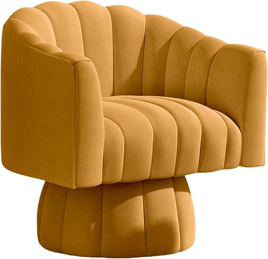 Accent Chair Mid Century 360 Degree Swivel Chair,Modern Lounge Sofa Round Barrel Chair with Wide Upholstered,Fluffy Velvet Fabric Chairs for Home Sofa Living Room/Bedroom/Waiting Room (Mustard)