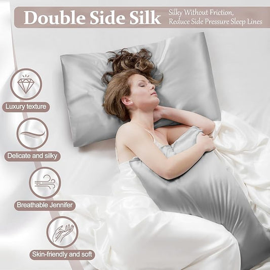 2 Pack 100% Pure Silk Pillowcase for Hair and Skin, Both Sides Mulberry Silk Pillowcases with Hidden Zipper, Cooling Pillowcase 19 Momme, 600 Thread Silk Pillow Cases Queen Size, Gray