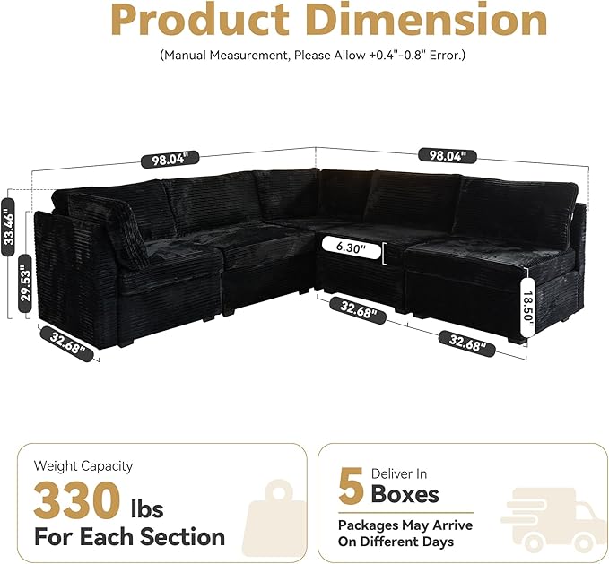 Modular Sectional Sofa,5 Pieces Sectional Couches for Living Room,131X65 L Shaped Cloud Couch with Oversized Convertible Modular Couch for Living Room