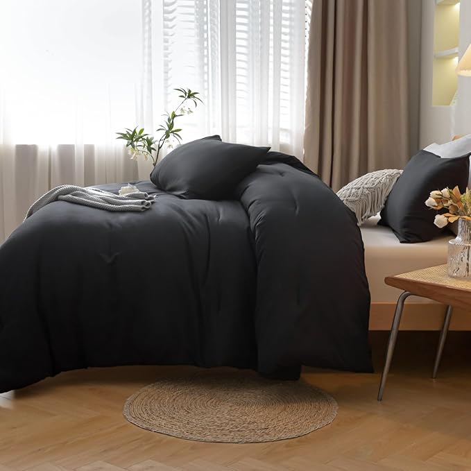 ROSGONIA Black Comforter Set Queen, 3pcs(1 Boho Black Comforter & 2 Pillowcases) All Season Bedding Lightweight Bedspread Blanket Quilt Bed Set