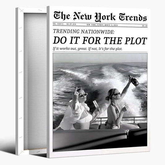 Retro New York Trends Wall Art Black and White Newspaper Poster Do It for The Plot Canvas Prints Funky Feminist Posters Trendy College Wall Decor for Bar Cart Hot Girl Dorm Room Decorative 16x24inch Framed