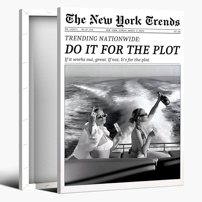 Retro New York Trends Wall Art Black and White Newspaper Poster Do It for The Plot Canvas Prints Funky Feminist Posters Trendy College Wall Decor for Bar Cart Hot Girl Dorm Room Decorative 12x16inch Framed