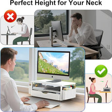 Spacrea Desk Organizer and Accessories, Computer Monitor Stand Riser with Drawer and 2 Pen Holders, Office Desk Accessories & Workspace Organizers for Office Supplies (White)