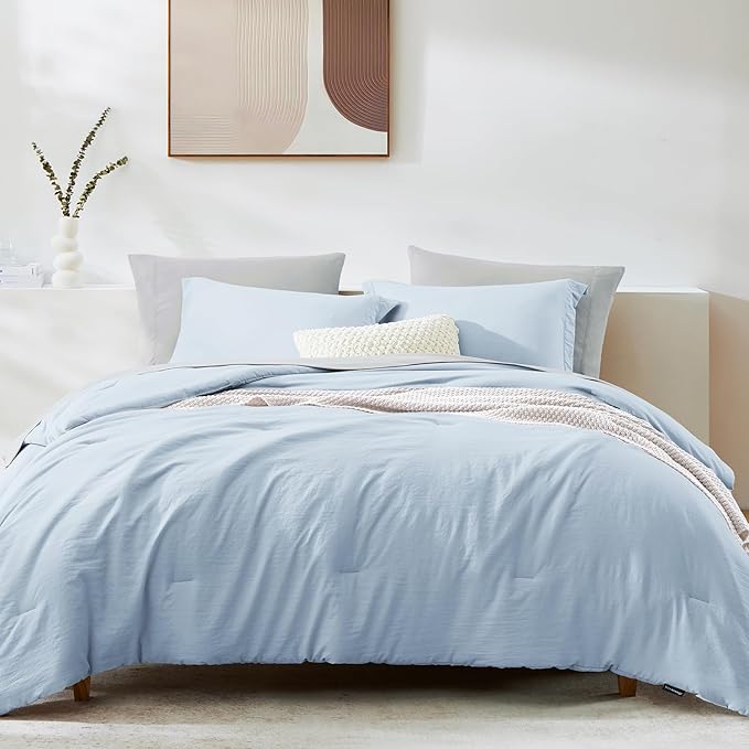 WRENSONGE King Comforter Set, 7 Pieces Ice Blue Soft Bed in a Bag King with Fitted Sheet, Flat Sheet, 2 Pillow Shams, and 2 Pillowcases- Warm Bedding Set for All Season