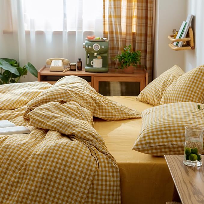 VM VOUGEMARKET Yellow Gingham Duvet Cover Set Queen 3 Pieces Plaid Duvet Cover with Zipper Ties 2 Pillowcases 100% Washed Cotton Modern Luxury Bedding Set (Queen,90"x90")