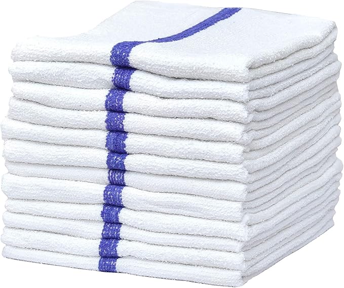 Pacific Linens 100% Cotton Kitchen Towels, Absorbent Rags for Cleaning Counter Top, Hand Drying Dishes - Thick, Soft, Durable, Reusable, Machine Washable Quick Dry Barmops 16” x 19” (Blue, 12)