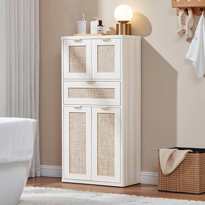 LEYAOYAO 48" Tall Storage Cabinet Set of 2,Rattan Bathroom Floor Cabinets with 2 Doors & 1Drawer,Boho Kitchen Pantry with Adjustable Shelves,Wooden Cupboard for Living Room,Home Office,White Cream Oak