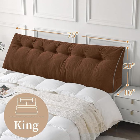Sasttie Headboard Pillow King, Wedge Pillow Headboard for Sitting Up in Bed, Back-Rest Support Triangular Cushion for Reading - Features Removable Washable Cover, Brown