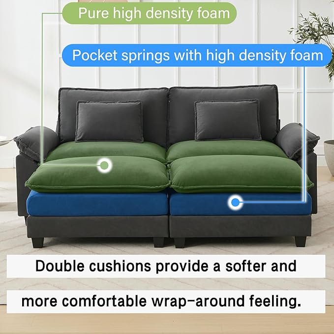 86" Modular Sectional Sofa, Comfy Cloud Couch Sectional Sofa with Ottoman, Velvet Sofa Sleeper Deep Seat Sofa with Throw Pillows for Living Room (Blue Grey)