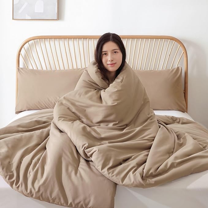 ROSGONIA Oversized King Comforter Taupe Brown, 3pcs(1 Boho Tan Comforter & 2 Pillowcases), Lightweight Oversized King Size Comforter Sets Soft Bedding