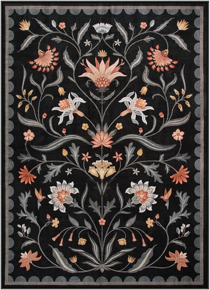 Lahome Boho Floral Washable Black 5x7 Area Rugs for Living Room, Non Slip Rugs for Bedroom Entryway, Indoor Ultra-Thin Throw Dining Room Carpet for Under Table Kitchen Dorm(Black,5x7)