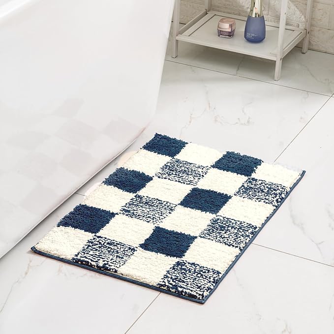 CozeCube Bath mats for Bathroom Non Slip, Fluffy Absorbent Microfiber Bath mat Washable, Aesthetic Bathroom Rugs, Large Navy Blue Checkered Bath mat, Navy Blue, 36" x 24"