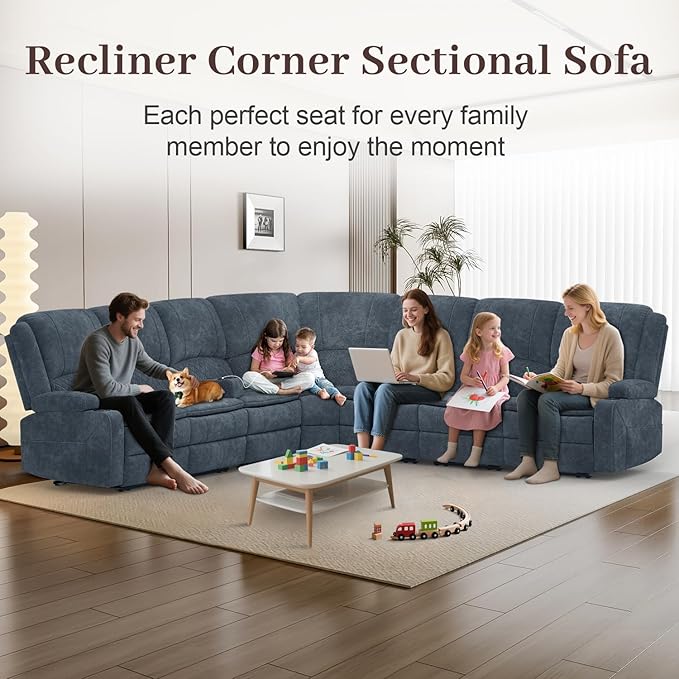 Manual Reclining Sectional Sofa Set, 7 Seats Soft Fabric Recliner Corner Sectional Couch, Family-Sized L-Shaped Recliner Couch with USB Charging, Thickened Padding, Sturdy Frame, Blue