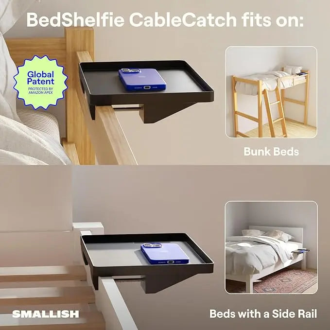 BedShelfie Bedside Shelf for Dorm Room Bunk Bed & Top Bunk, College Dorm Room Essentials, Bedside Caddy, Clip on Floating Desk Tray, Bed Side Table Storage, Loft Nightstand Decor - Cable Catch, Black BedShelfie