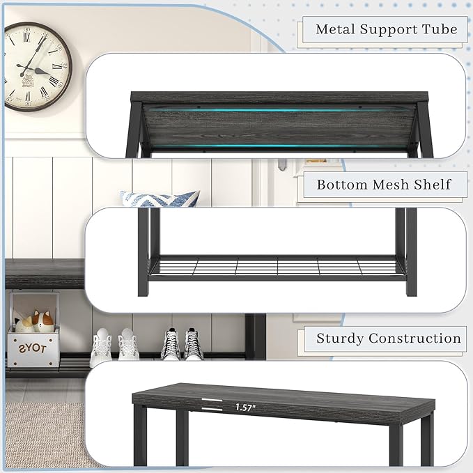 FOLUBAN Shoe Storage Bench, Modern Entryway Bench with Metal Shelf, Industrial Indoor Shoe Bench Seat for Bedroom, Hallway, Living Room, Dark Gray, 47 Inch