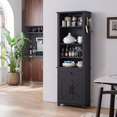 72in Tall Bookshelf 7 Tier Bookcase with Drawer and Barn Doors and Adjustable Shelves, Black Farmhouse Book Shelf with Storage Cabinet, Wood Freestanding Display Bookshelves for Living Room