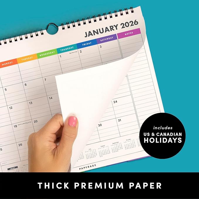 PAPERAGE 2026 Calendar, 12 Months (January 2026 - December 2026), Small (9 in x 11 in), Minimalist Wall and Desk Calendar with Monthly Views, Yearly Plans & Notes Section – Pastel