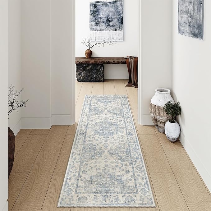 2x5 Washable Neutral Runner Rug Blue Vintage Hallway Kitchen Carpet Non-Slip Soft Low Pile Floral Throw Rug for Bedroom Bathroom Laundry Living Room