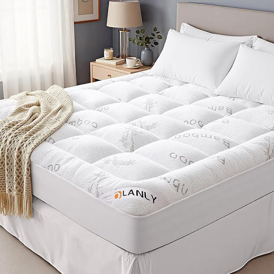 OLANLY California King Mattress Topper – Viscose Made from Bamboo, Cooling Soft Pillow Top Mattress Pad for Back Pain Relief, Plush Down Alternative Fill Bed Topper with Elastic Deep Pocket, White