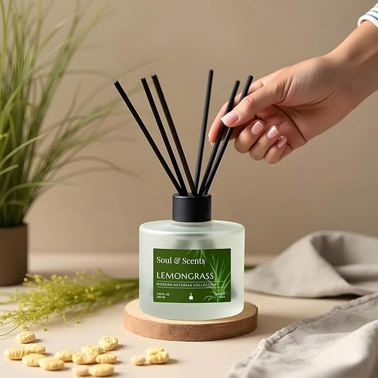 Soul & Scents Reed Diffuser Set – Lemongrass | 7.43 oz Refillable Scented Oil with 6 Fiber Sticks | Long-Lasting Home Fragrance & Air Freshener for Bedroom, Bathroom, Office | Gift & Décor Piece
