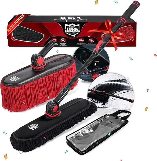 2In1 Brush And Duster For Car Exterior,Chenille Car Wash Brush Mop*1PC,Wax Cotton Car Duster Mop*1PC Remove Dust,Freely Switch A Retractable Black Steel Pole,Car Cleaning Supplies For Truck Rv Boat