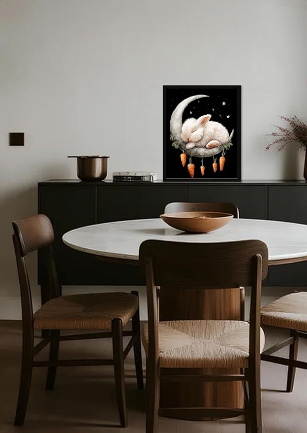 Funny Animal Black And White Wall Art Print Rabbit On The Moon Cute Poster Canvas Art Wall Decor Picture For Bedroom Dorm living room Bathroom Wall Decor Aesthetic Home Artwork 16" × 20" With Framed