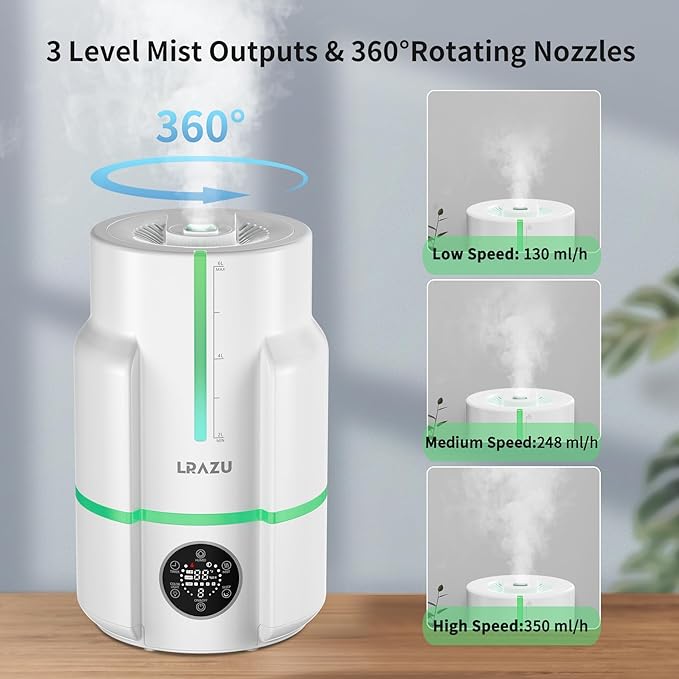 6L/1.6Gal Humidifiers for Bedroom, 60H Runtime 26 dB Quiet Supersized Cool Mist Air Humidifiers for Large Room, Baby Nursery, Plant, Indoor, Night Light, Easy to Clean, Precise Humidity Control