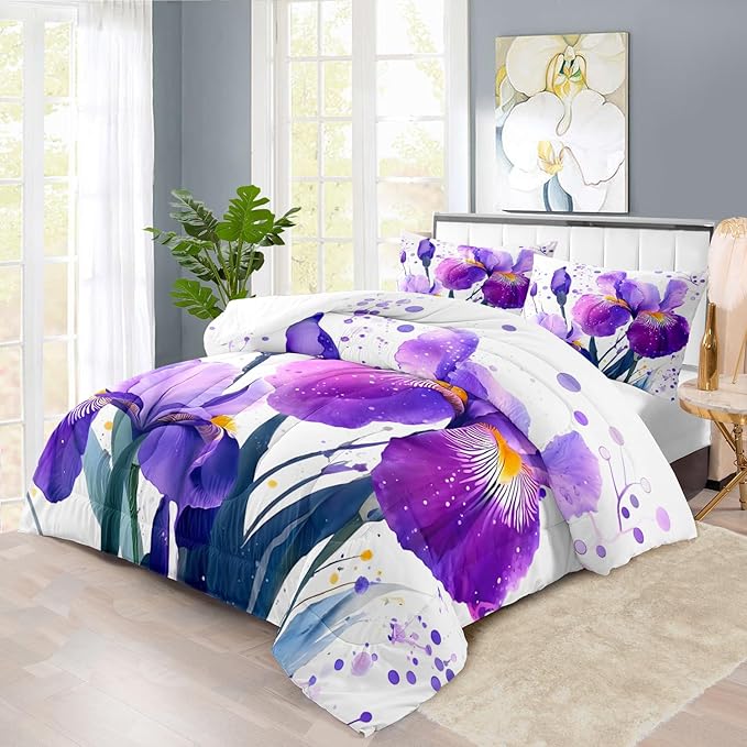 Purple Floral Comforter Set King Size Woman,Purple Iris Comforter for Girls,Pink Flower Bedding Set King Bedroom Decor,Floral Bedding Quilt Bed Decor Pink for Kids and Adults