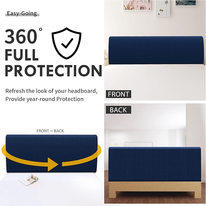 Easy-Going Stretch Bed Headboard Cover,Small Square Jacquard Headboard Slipcover, Dustproof Bed Head Cover for Bedroom (King,Navy)