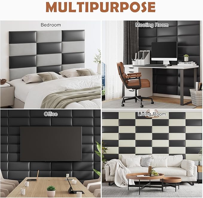 IFNOW Wall Mounted Upholstered Headboard Queen, 3D Peel and Stick Soundproof Panels, Reusable and Removable Padded Leather Bed Headboard, 9 Panels 9.84" x 23.62", Black