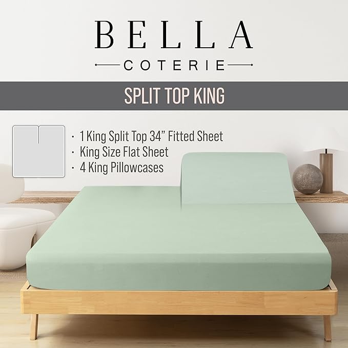 Bella Coterie 6 Piece Luxury Bamboo Viscose Split Top King Size Sheet Set | 34" Split for Adjustable Beds | 100% Organically Grown| Cooling | 18” Deep Pocket | 4 Pillowcases [Sea Glass]