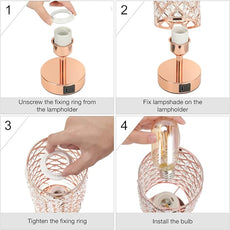 Hong-in Crystal Table Lamp - 3-Way Dimmable Touch Control, Rose Gold Bedside Lamp with USB C and A Ports, Nightstand Light for Living Room, Bedroom, Home Office (Bulb Included)