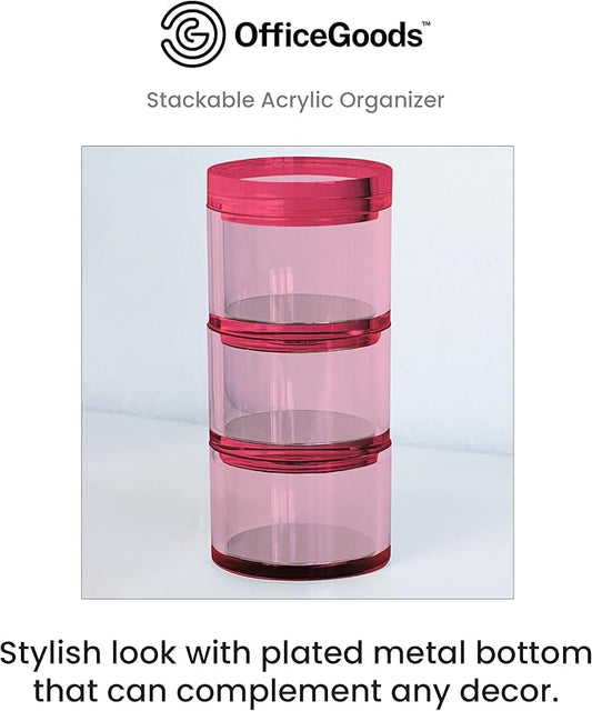 OfficeGoods 3-Tier Stackable Acrylic Holder- Stylish Desk Organizer and Storage for Office or Home – Transparent Round Design, Pink with Silver Metal Base