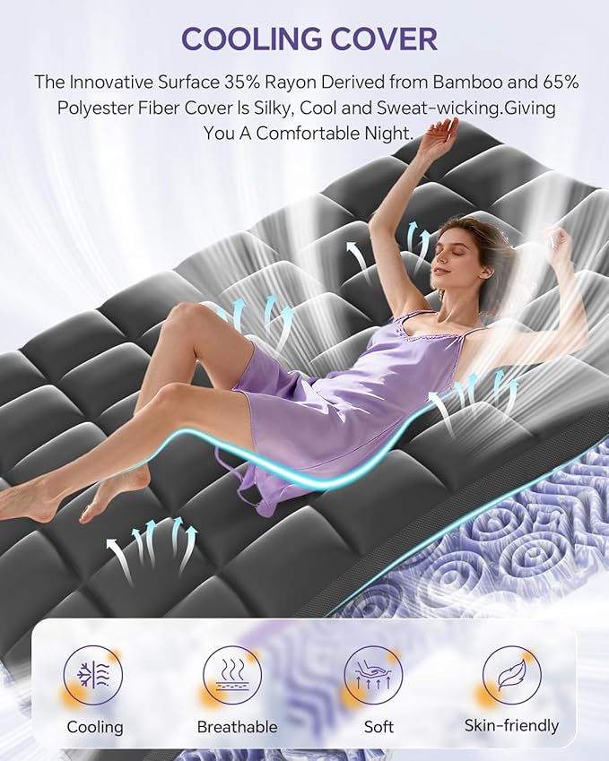 Dual Layer 5 Inch Memory Foam Mattress Topper Queen - 3 Inch Pillow Top Mattress Pad and 2 Inch Gel Memory Foam, 7-Zone Egg Crate Queen Size Mattress Topper (Black)