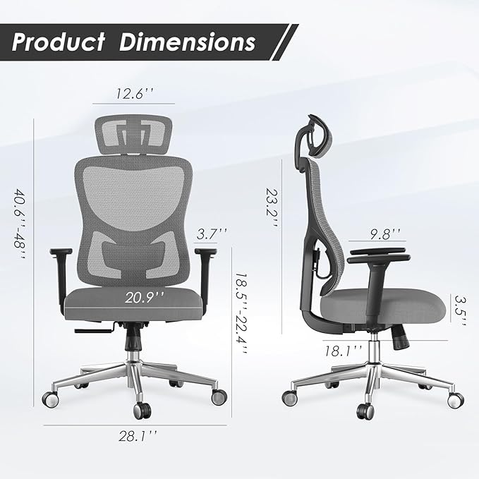 Soohow Ergonomic Office Chair,High Back Desk Chair with Adjustable Lumbar Support and Headrest,Comfy Computer Chair with 3D Armrest Recling Swivel Chair for Home, Office, Study Room, Black & Grey
