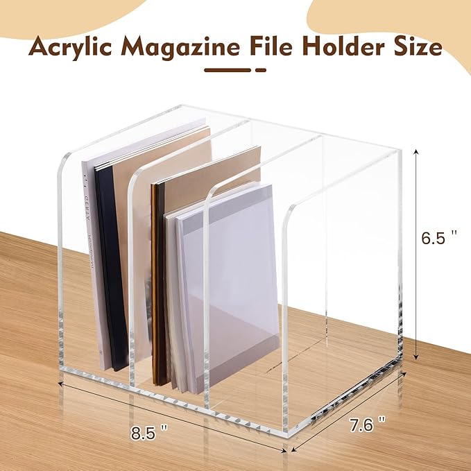 B5 Thickened Acrylic Desk Organizer,Book Organizer,Acrylic Book Holder,Acrylic File Organizer Equipped with 3 Vertical Compartments Rack,with Scratch-Resistant Pads to Protect Your Desktop