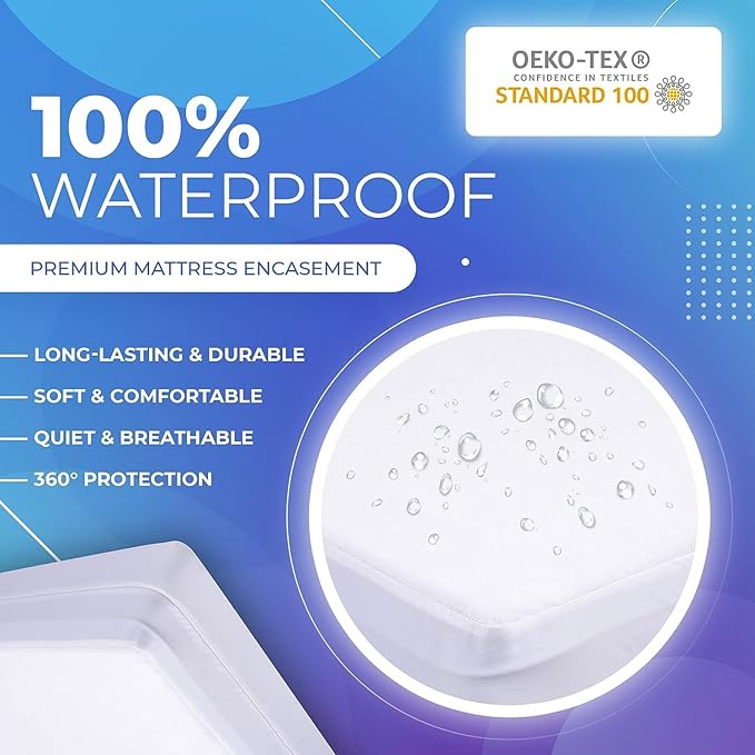 PlushDeluxe Full Size Premium Mattress Encasement - Zippered Waterproof, Bedbug Proof Design, 6-Sided Protection - Hypoallergenic Cotton Terry Fabric 12-15" Depth