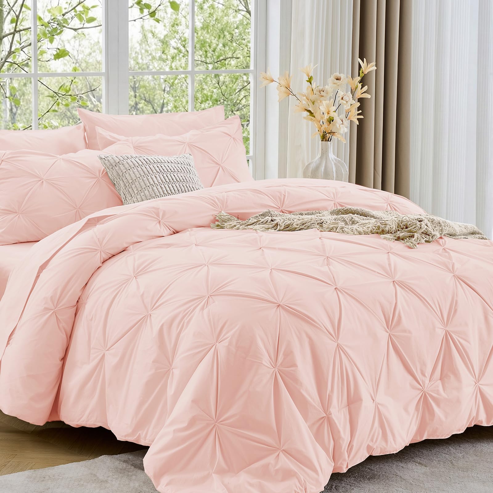 Sasttie Twin XL Comforter Set, 5-Piece Bed in a Bag, Pintuck Bedding Sets for All Season, Includes Comforter, Flat Sheet, Fitted Sheet, Pillowcase and Pillowsham, Beige