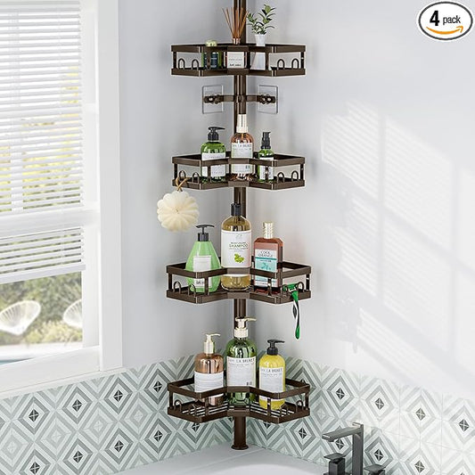 HEVEL Corner Shower Caddy Tension Pole, 4 Tier Adjustable Shower Organizer Corner 62-115 Inch, Rustproof Bathroom Shower Shelves for Bathtub Storage,Bronze