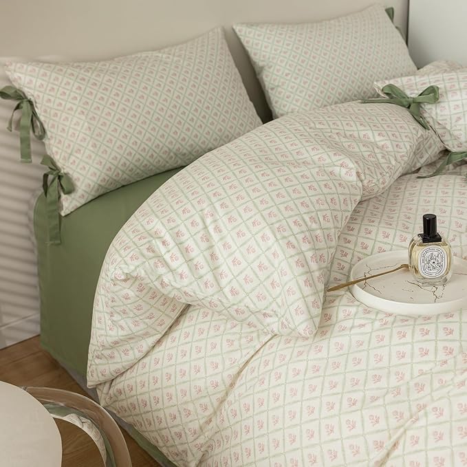 mixinni Red Floral Duvet Cover Set Twin XL Size - 100% Cotton Green Grid Bedding with Bow Ties, 3PC Cottagecore Comforter Cover (1 Duvet Cover + 2 Pillowcases) Vintage Garden Style Soft Aesthetic