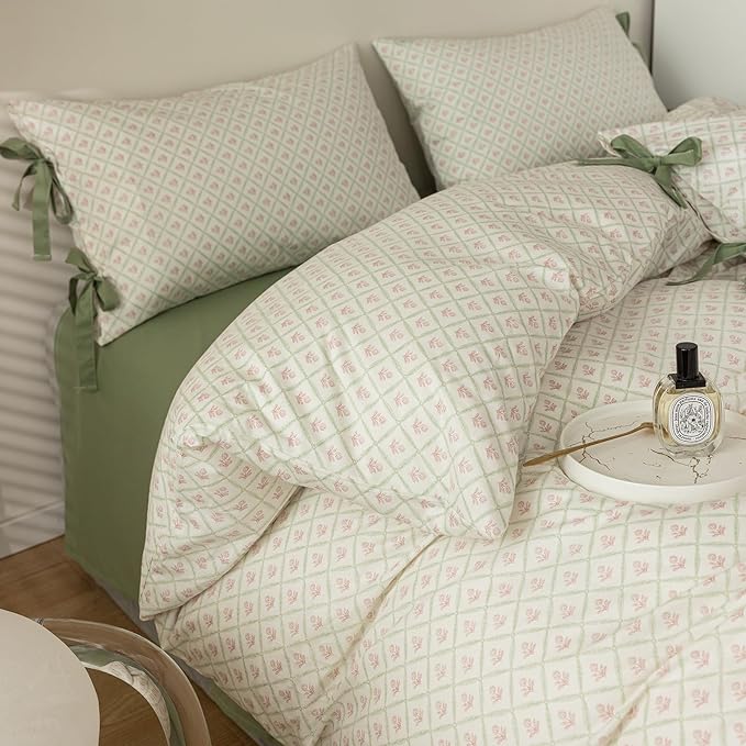 mixinni Red Floral Duvet Cover Set Twin Size - 100% Cotton Green Grid Bedding with Bow Ties, 3PC Cottagecore Comforter Cover (1 Duvet Cover + 2 Pillowcases) Vintage Garden Style Soft Aesthetic