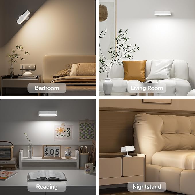 Battery Operated Wall Sconces, Wireless LED Wall Sconce Set of Two, Rechargeable Wall Lights for Living Room, 5 Colors Dimmable Wall Lamps for Bedroom, White 2 Pack