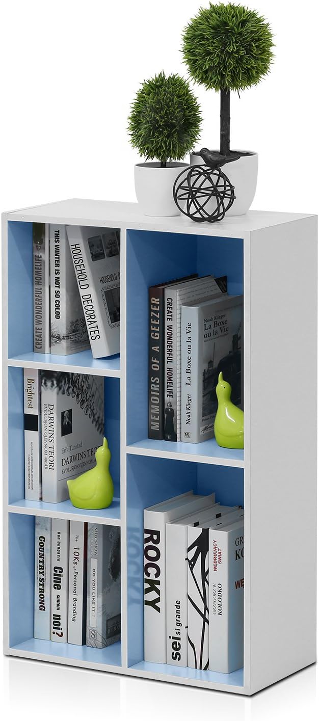 Furinno LUDER Book Shelf, 5-Cube Bookshelf, Reversible Bookcase, 9.4 x 19.5 x 31.5, for Living Room, Bedroom, Home Office, White/Light Blue