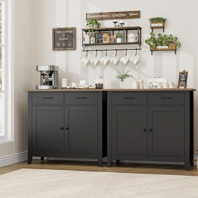 HORSTORS Kitchen Storage Cabinet, Modern Farmhouse Buffet Cabinet with Storage, Coffee Bar with 2 Drawers and 2 Doors, Floor Sideboard Buffet for Living Room, Dining Room, Bathroom, Black/Rustic Brown