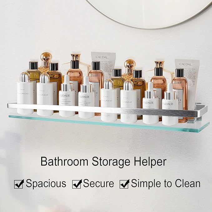 Bathroom Shelf Glass Shelves 23-Inch Floating Tempered Glass Shelf Rectangular Aluminum Wall Mounted Silver Polished Shelves for Kitchen Organizers