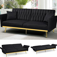 70” Velvet Futon Sofa Bed with 2 Pillows and Adjustable Armrests, Convertible Sleeper Bed W/Adjustable Backrests, Modern Loveseat for Living Room, Bedroom, Black