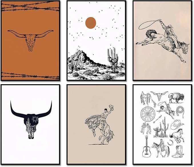 Vintage Western Cowboy Poster Set of 6, Southwestern Wall Art Longhorn Bull Skull Wall Decor Mid Century Retro Desert Canvas Painting Prints for Bedroom Living Room Dorm 8x10 inch Unframed